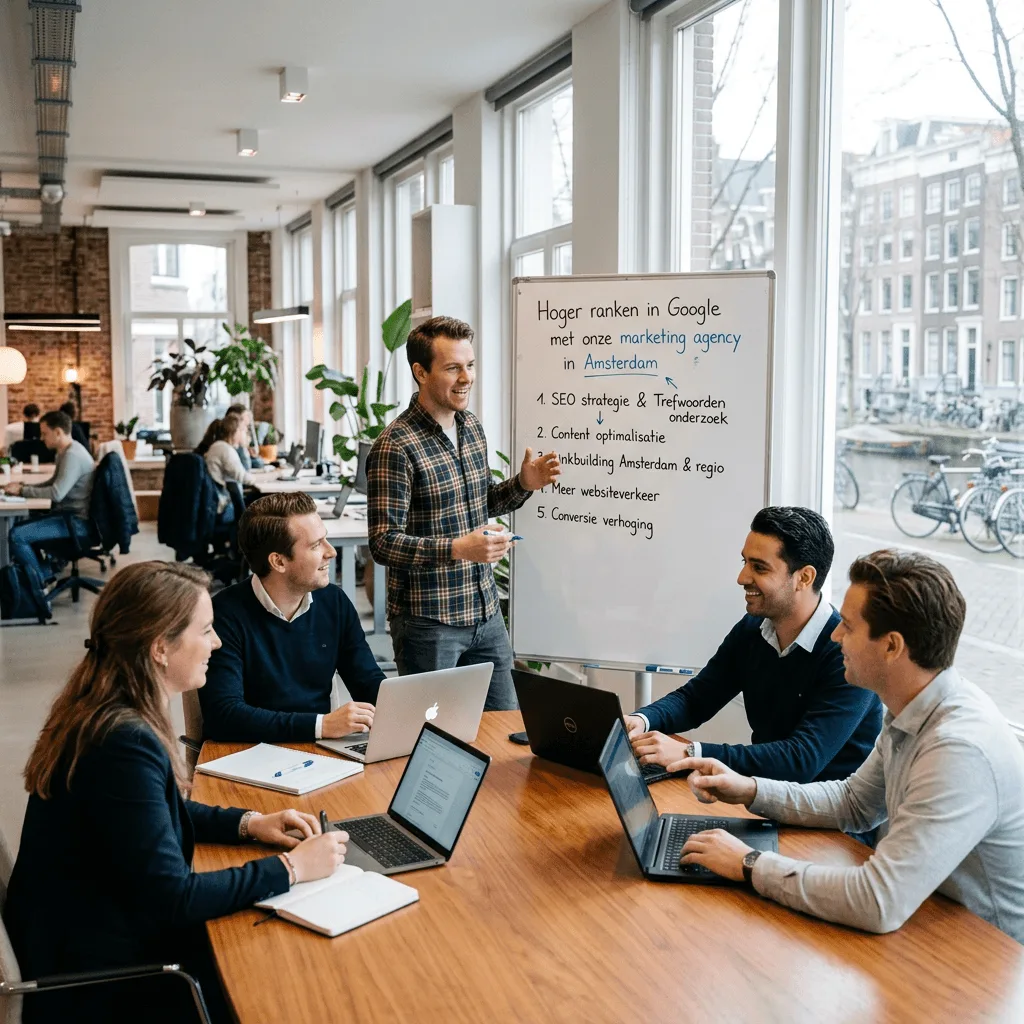 Marketing team bespreekt SEO strategie om hoger te ranken in Google